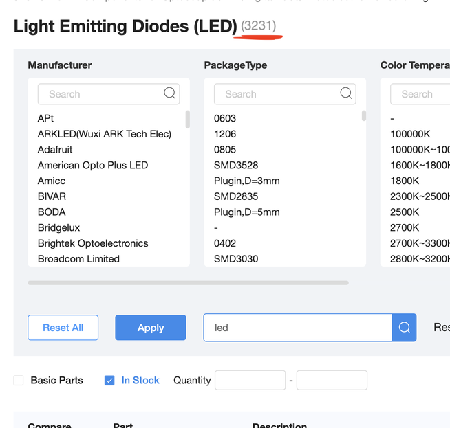 A screenshot of JLCPCB part catalogue with 3231 LEDs in stock
