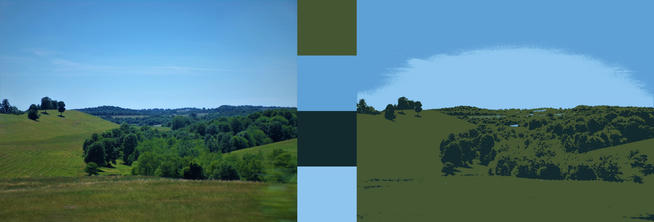 A photo of a pasture with extracted centroids and a version with clustered colours